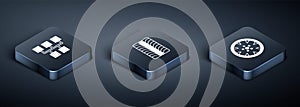 Set Isometric Gear shifter, Alloy wheel and Car tire icon. Vector