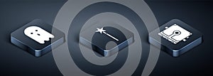 Set Isometric Ghost, Ancient magic book and Magic wand icon. Vector