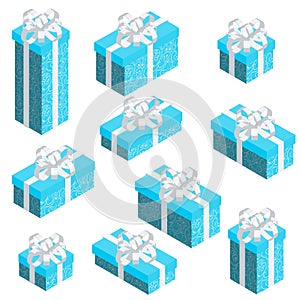 Set of isometric gift boxes with blue pattern wrap and white bow