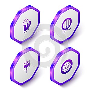 Set Isometric Glass of beer, Wooden barrel on rack, Wheat and Sausage icon. Purple hexagon button. Vector