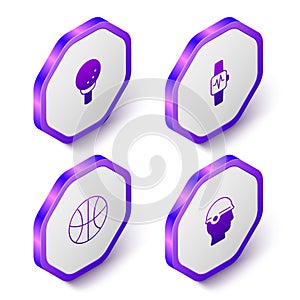 Set Isometric Golf ball on tee, Smart watch with heart, Basketball and Baseball helmet icon. Purple hexagon button