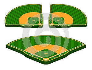 Set of isometric green baseball fields with marking lines. Team sports. Active lifestyle. American national sport. Vector