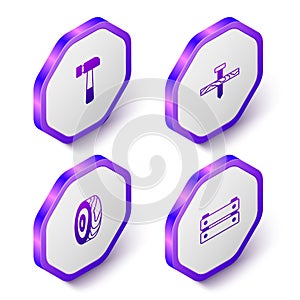 Set Isometric Hammer, Metallic nail, Tree rings and Wooden box icon. Purple hexagon button. Vector