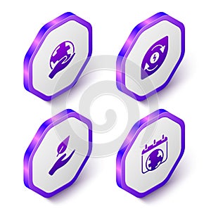 Set Isometric Hand holding Earth globe, Water energy, Leaf hand and World day icon. Purple hexagon button. Vector