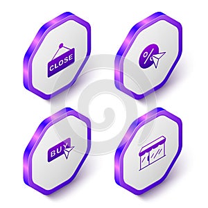 Set Isometric Hanging sign with text Closed, Discount percent tag, Buy button and Market store icon. Purple hexagon