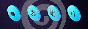 Set Isometric Headphones, Software, Cup tea with tea bag and Web development icon. Vector
