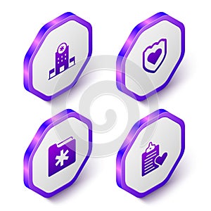 Set Isometric Hospital building, Immune system, Medical health record folder and Patient icon. Purple hexagon button