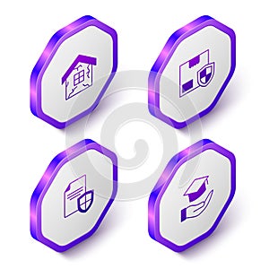 Set Isometric House, Delivery security with shield, Contract and Education grant icon. Purple hexagon button. Vector