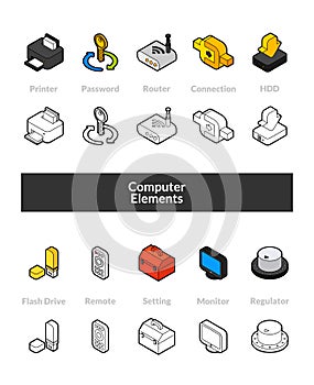 Set of isometric icons in otline style, colored and black versions