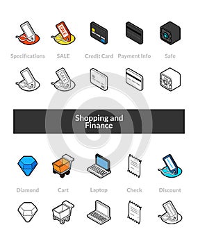 Set of isometric icons in otline style, colored and black versions