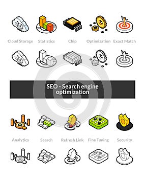 Set of isometric icons in otline style, colored and black versions