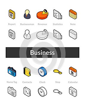 Set of isometric icons in otline style, colored and black versions