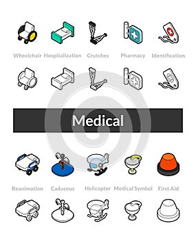 Set of isometric icons in otline style, colored and black versions