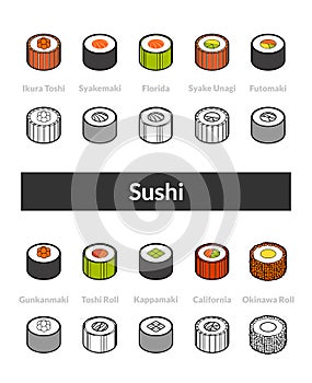 Set of isometric icons in otline style, colored and black versions