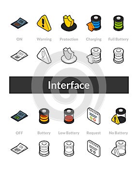 Set of isometric icons in otline style, colored and black versions