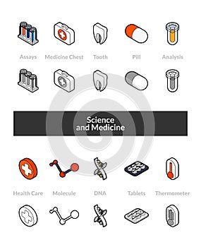 Set of isometric icons in otline style, colored and black versions