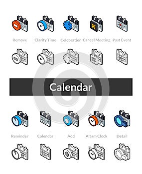 Set of isometric icons in otline style, colored and black versions