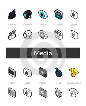 Set of isometric icons in otline style, colored and black versions