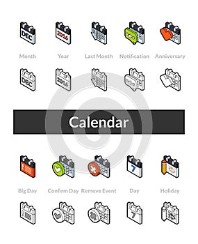 Set of isometric icons in otline style, colored and black versions