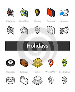 Set of isometric icons in otline style, colored and black versions