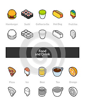 Set of isometric icons in otline style, colored and black versions