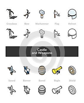 Set of isometric icons in otline style, colored and black versions