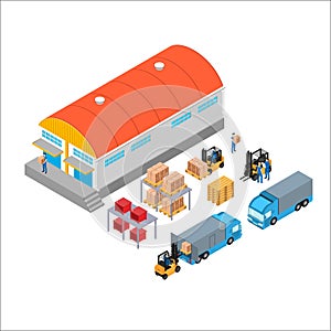 A set of isometric icons, transportation for cargo and a loader