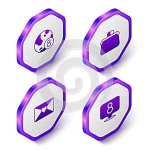 Set Isometric International Women Day, Handbag, Envelope with 8 March and icon. Purple hexagon button. Vector