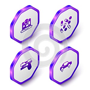 Set Isometric Internet piracy, Medical pill biohacking, Futuristic weapon and Fantastic flying car icon. Purple hexagon