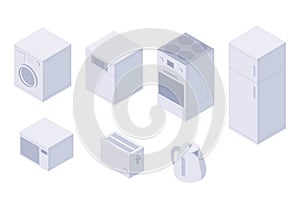 Set of isometric kitchen home utilities. A washing machine, dishwasher, oven, stove, fridge, microwave, toster, kettle.