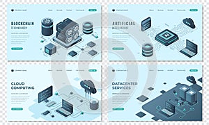 Set of isometric landing page template. Modern technology concept for datacenter with server, artificial intelligence, and
