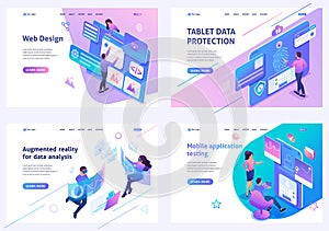 Set isometric landing pages, on the topic of web design, information security, mobile application testing, alternative