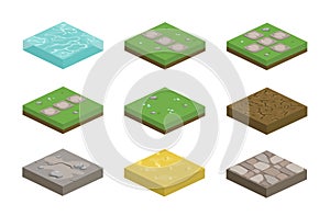 Set of isometric landscape design tiles with different surfaces