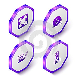 Set Isometric Lifebuoy, Anchor, Marine bollard with rope and Lighthouse icon. Purple hexagon button. Vector