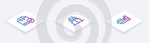 Set Isometric line ackage box with check mark, Cargo ship boxes delivery and . White square button. Vector