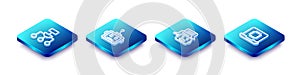 Set Isometric line Algorithm, Artificial intelligence robot, Chat and Processor CPU icon. Vector