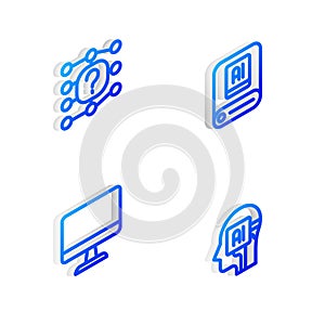 Set Isometric line Artificial intelligence AI, Neural network, Computer monitor and Humanoid robot icon. Vector