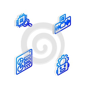 Set Isometric line Artificial intelligence AI, Processor CPU, Computer api interface and Robot setting icon. Vector