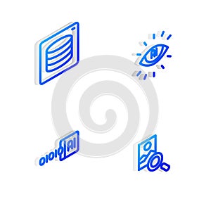 Set Isometric line Artificial intelligence AI, Server, Data, Binary code and Photo retouching icon. Vector