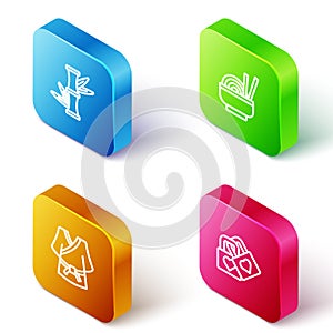 Set Isometric line Bamboo, Asian noodles in bowl, Kimono and Lock with heart icon. Vector