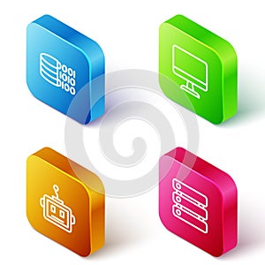 Set Isometric line Binary code, Computer monitor, Artificial intelligence robot and Server, Data icon. Vector