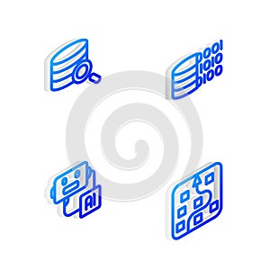 Set Isometric line Binary code, Server, Artificial intelligence robot and Neural network icon. Vector