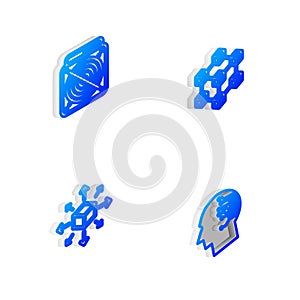 Set Isometric line Blockchain technology, ASIC Miner, Distribution and Brain as digital circuit board icon. Vector