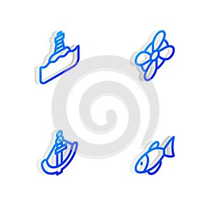 Set Isometric line Boat propeller, Floating buoy, Anchor and Fish icon. Vector