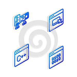 Set Isometric line Browser files, Computer monitor screen, Software and Binary code icon. Vector