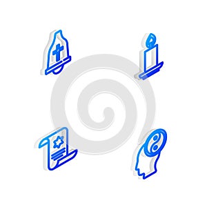 Set Isometric line Burning candle, Church bell, Torah scroll and Yin Yang icon. Vector