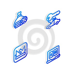 Set Isometric line Car gift, Money bag, King playing card and Online poker table game icon. Vector