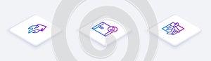 Set Isometric line Carton cardboard box, Envelope and check mark and Plane. White square button. Vector