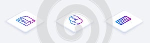 Set Isometric line Case of computer, Computer mouse and Keyboard. White square button. Vector