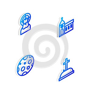 Set Isometric line Church building, Jesus Christ, Moon and Tombstone with cross icon. Vector
